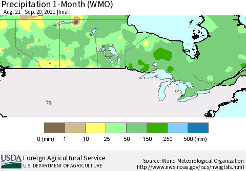 Canada Precipitation 1-Month (WMO) Thematic Map For 8/21/2021 - 9/20/2021