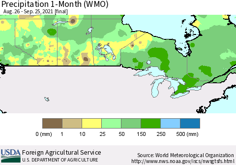 Canada Precipitation 1-Month (WMO) Thematic Map For 8/26/2021 - 9/25/2021