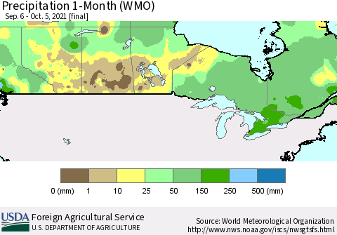 Canada Precipitation 1-Month (WMO) Thematic Map For 9/6/2021 - 10/5/2021