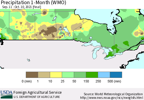 Canada Precipitation 1-Month (WMO) Thematic Map For 9/11/2021 - 10/10/2021