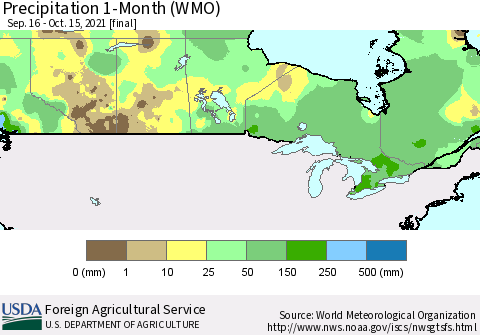 Canada Precipitation 1-Month (WMO) Thematic Map For 9/16/2021 - 10/15/2021