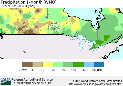 Canada Precipitation 1-Month (WMO) Thematic Map For 9/21/2021 - 10/20/2021