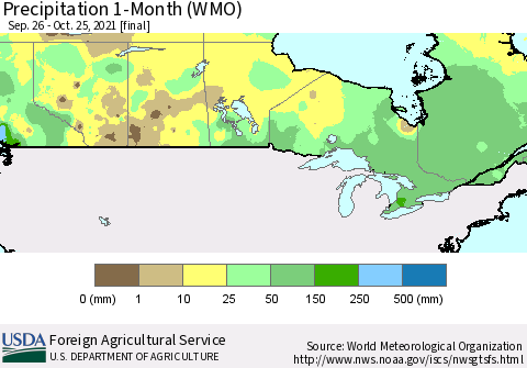Canada Precipitation 1-Month (WMO) Thematic Map For 9/26/2021 - 10/25/2021