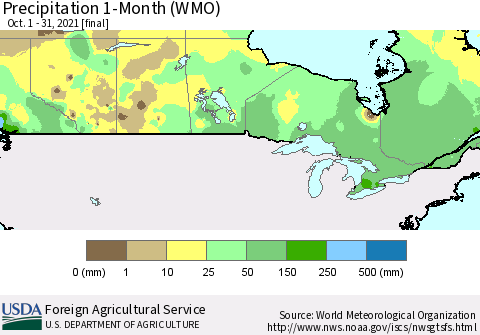 Canada Precipitation 1-Month (WMO) Thematic Map For 10/1/2021 - 10/31/2021
