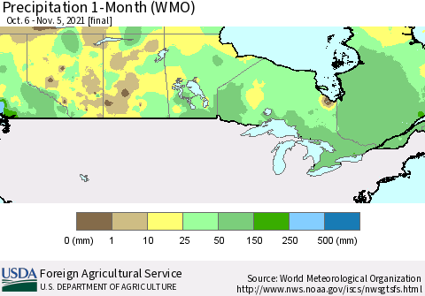 Canada Precipitation 1-Month (WMO) Thematic Map For 10/6/2021 - 11/5/2021