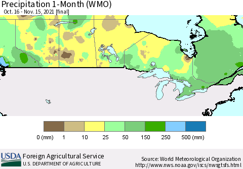 Canada Precipitation 1-Month (WMO) Thematic Map For 10/16/2021 - 11/15/2021