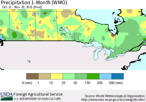 Canada Precipitation 1-Month (WMO) Thematic Map For 10/21/2021 - 11/20/2021