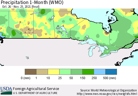 Canada Precipitation 1-Month (WMO) Thematic Map For 10/26/2021 - 11/25/2021