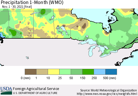 Canada Precipitation 1-Month (WMO) Thematic Map For 11/1/2021 - 11/30/2021