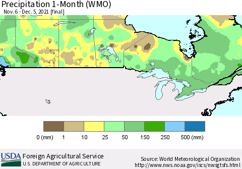 Canada Precipitation 1-Month (WMO) Thematic Map For 11/6/2021 - 12/5/2021