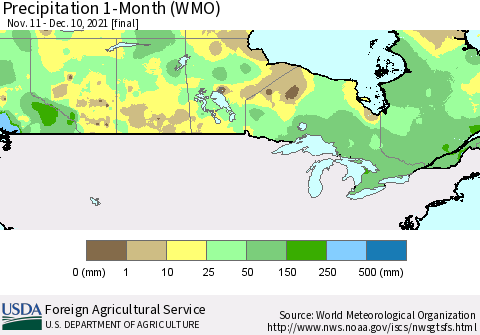 Canada Precipitation 1-Month (WMO) Thematic Map For 11/11/2021 - 12/10/2021
