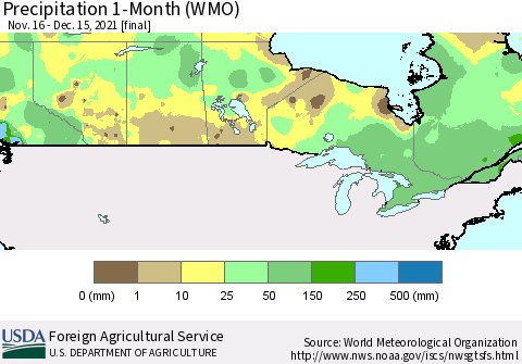 Canada Precipitation 1-Month (WMO) Thematic Map For 11/16/2021 - 12/15/2021