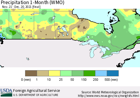 Canada Precipitation 1-Month (WMO) Thematic Map For 11/21/2021 - 12/20/2021