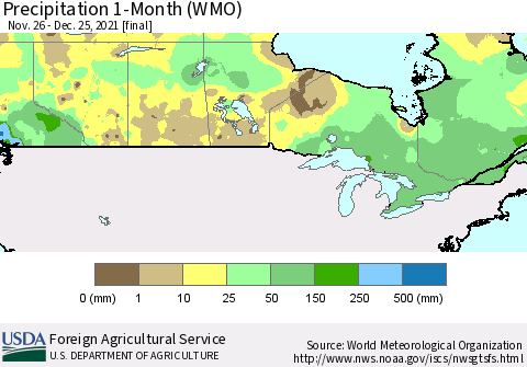 Canada Precipitation 1-Month (WMO) Thematic Map For 11/26/2021 - 12/25/2021