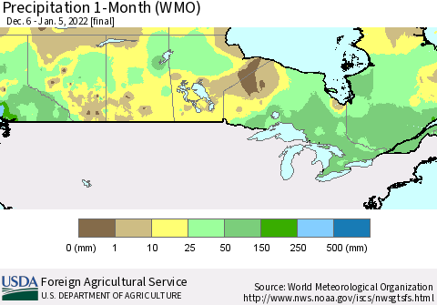Canada Precipitation 1-Month (WMO) Thematic Map For 12/6/2021 - 1/5/2022