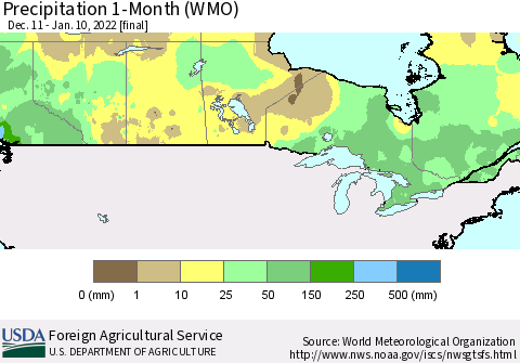 Canada Precipitation 1-Month (WMO) Thematic Map For 12/11/2021 - 1/10/2022