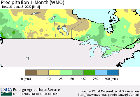 Canada Precipitation 1-Month (WMO) Thematic Map For 12/16/2021 - 1/15/2022