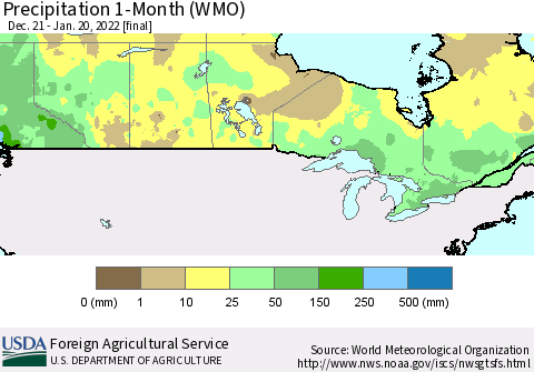 Canada Precipitation 1-Month (WMO) Thematic Map For 12/21/2021 - 1/20/2022