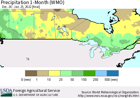 Canada Precipitation 1-Month (WMO) Thematic Map For 12/26/2021 - 1/25/2022