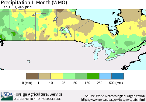 Canada Precipitation 1-Month (WMO) Thematic Map For 1/1/2022 - 1/31/2022