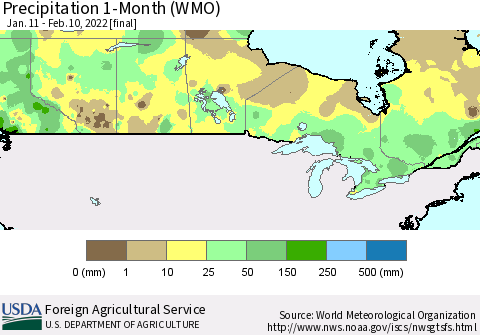 Canada Precipitation 1-Month (WMO) Thematic Map For 1/11/2022 - 2/10/2022