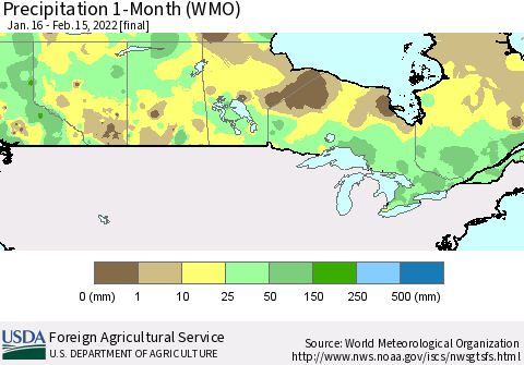 Canada Precipitation 1-Month (WMO) Thematic Map For 1/16/2022 - 2/15/2022