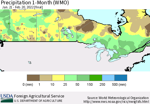 Canada Precipitation 1-Month (WMO) Thematic Map For 1/21/2022 - 2/20/2022