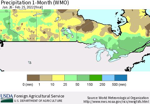Canada Precipitation 1-Month (WMO) Thematic Map For 1/26/2022 - 2/25/2022
