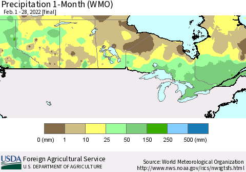 Canada Precipitation 1-Month (WMO) Thematic Map For 2/1/2022 - 2/28/2022