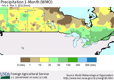 Canada Precipitation 1-Month (WMO) Thematic Map For 2/6/2022 - 3/5/2022