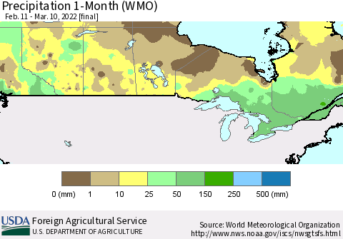 Canada Precipitation 1-Month (WMO) Thematic Map For 2/11/2022 - 3/10/2022