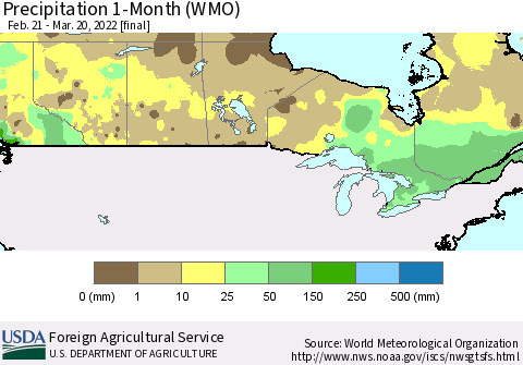 Canada Precipitation 1-Month (WMO) Thematic Map For 2/21/2022 - 3/20/2022