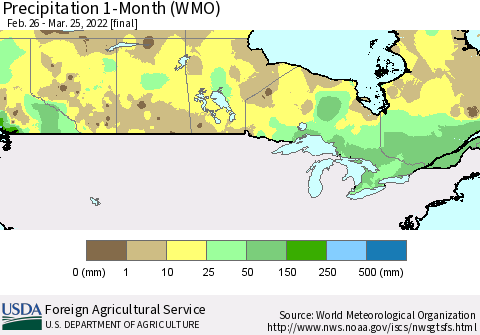 Canada Precipitation 1-Month (WMO) Thematic Map For 2/26/2022 - 3/25/2022
