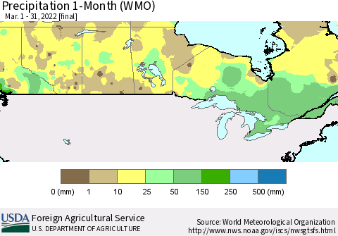 Canada Precipitation 1-Month (WMO) Thematic Map For 3/1/2022 - 3/31/2022