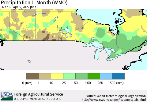 Canada Precipitation 1-Month (WMO) Thematic Map For 3/6/2022 - 4/5/2022