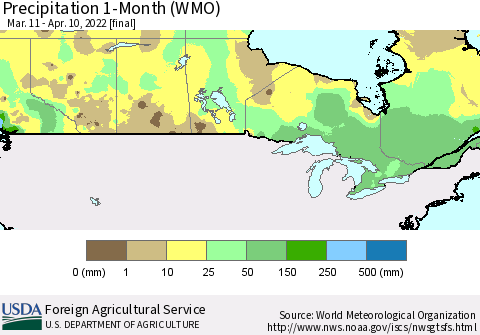 Canada Precipitation 1-Month (WMO) Thematic Map For 3/11/2022 - 4/10/2022