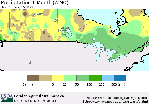Canada Precipitation 1-Month (WMO) Thematic Map For 3/16/2022 - 4/15/2022