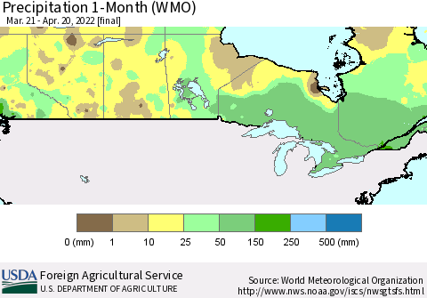 Canada Precipitation 1-Month (WMO) Thematic Map For 3/21/2022 - 4/20/2022