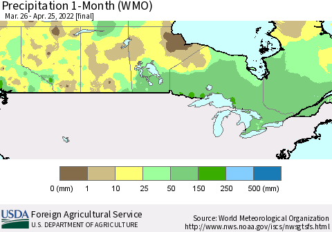 Canada Precipitation 1-Month (WMO) Thematic Map For 3/26/2022 - 4/25/2022