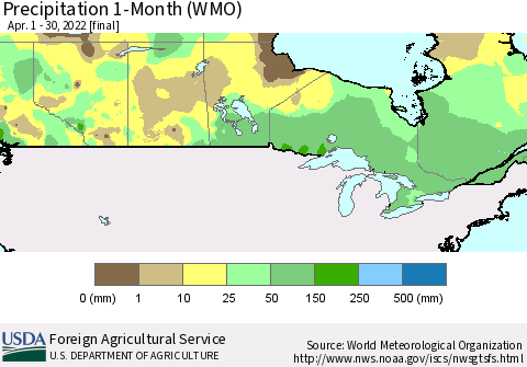 Canada Precipitation 1-Month (WMO) Thematic Map For 4/1/2022 - 4/30/2022