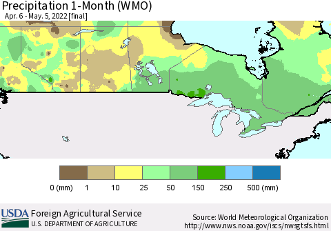 Canada Precipitation 1-Month (WMO) Thematic Map For 4/6/2022 - 5/5/2022