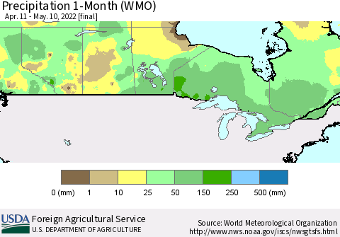Canada Precipitation 1-Month (WMO) Thematic Map For 4/11/2022 - 5/10/2022