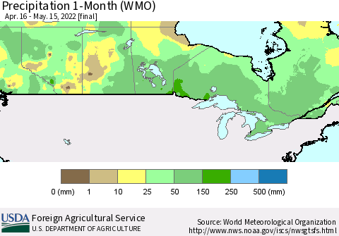 Canada Precipitation 1-Month (WMO) Thematic Map For 4/16/2022 - 5/15/2022