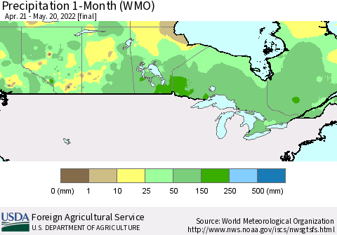 Canada Precipitation 1-Month (WMO) Thematic Map For 4/21/2022 - 5/20/2022