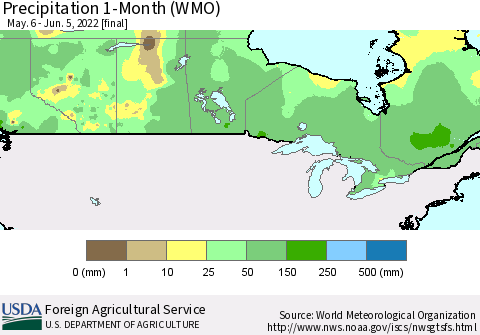 Canada Precipitation 1-Month (WMO) Thematic Map For 5/6/2022 - 6/5/2022