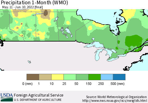Canada Precipitation 1-Month (WMO) Thematic Map For 5/11/2022 - 6/10/2022