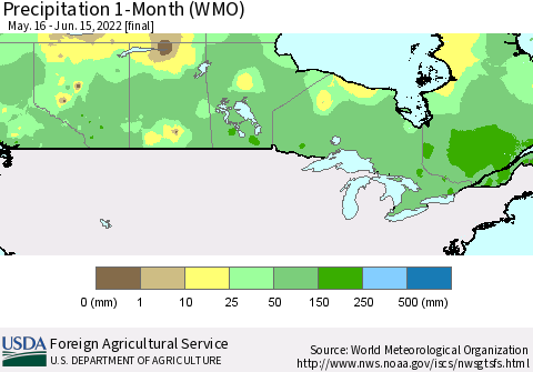 Canada Precipitation 1-Month (WMO) Thematic Map For 5/16/2022 - 6/15/2022