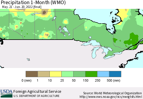 Canada Precipitation 1-Month (WMO) Thematic Map For 5/21/2022 - 6/20/2022