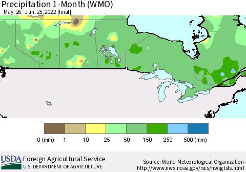 Canada Precipitation 1-Month (WMO) Thematic Map For 5/26/2022 - 6/25/2022