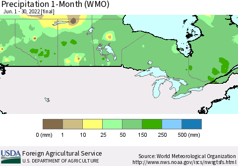 Canada Precipitation 1-Month (WMO) Thematic Map For 6/1/2022 - 6/30/2022